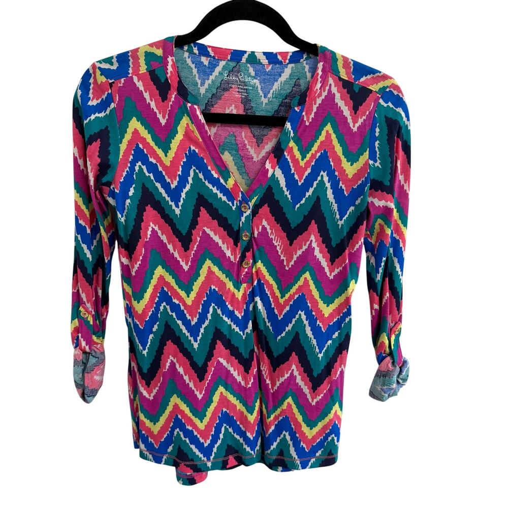 Lilly Pulitzer Janelle Multicolor Chevron Print Roll Tab Sleeve V Neck Top XS